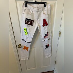 White Jeans with Colorful Patches